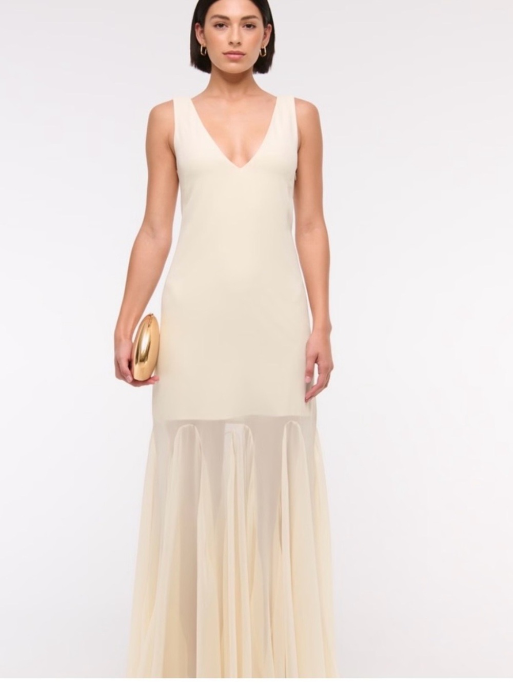Abercrombie & Fitch Plunge Godet Skirt Maxi Dress in ivory cream